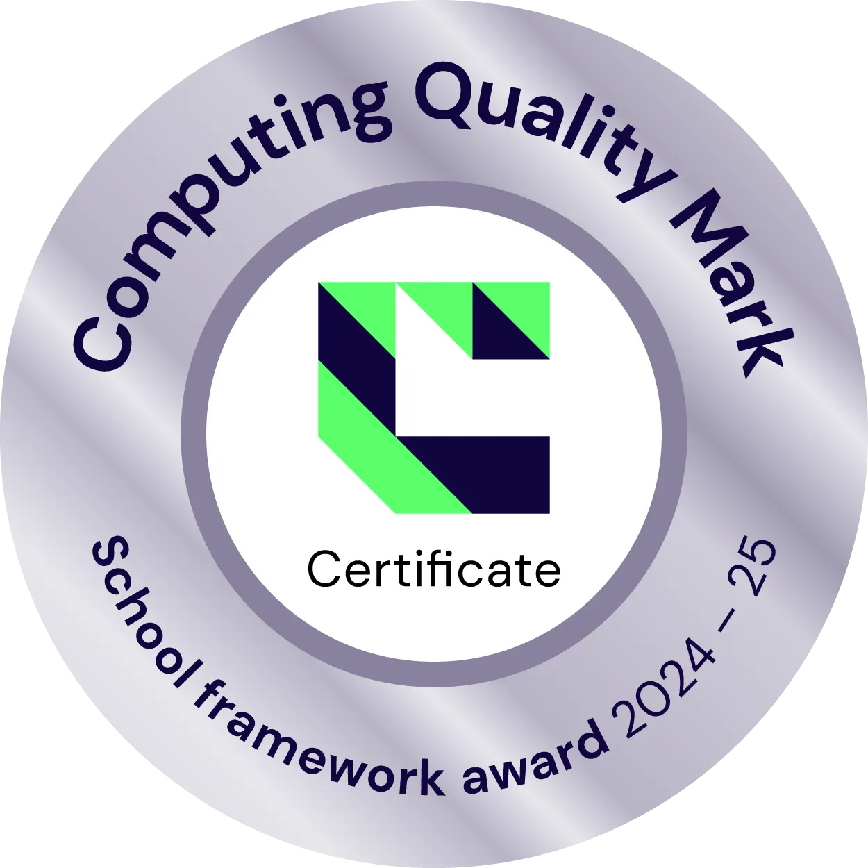 The Computing Quality Mark badge for the School Framework Award 2024–25, featuring a geometric green and black logo.
