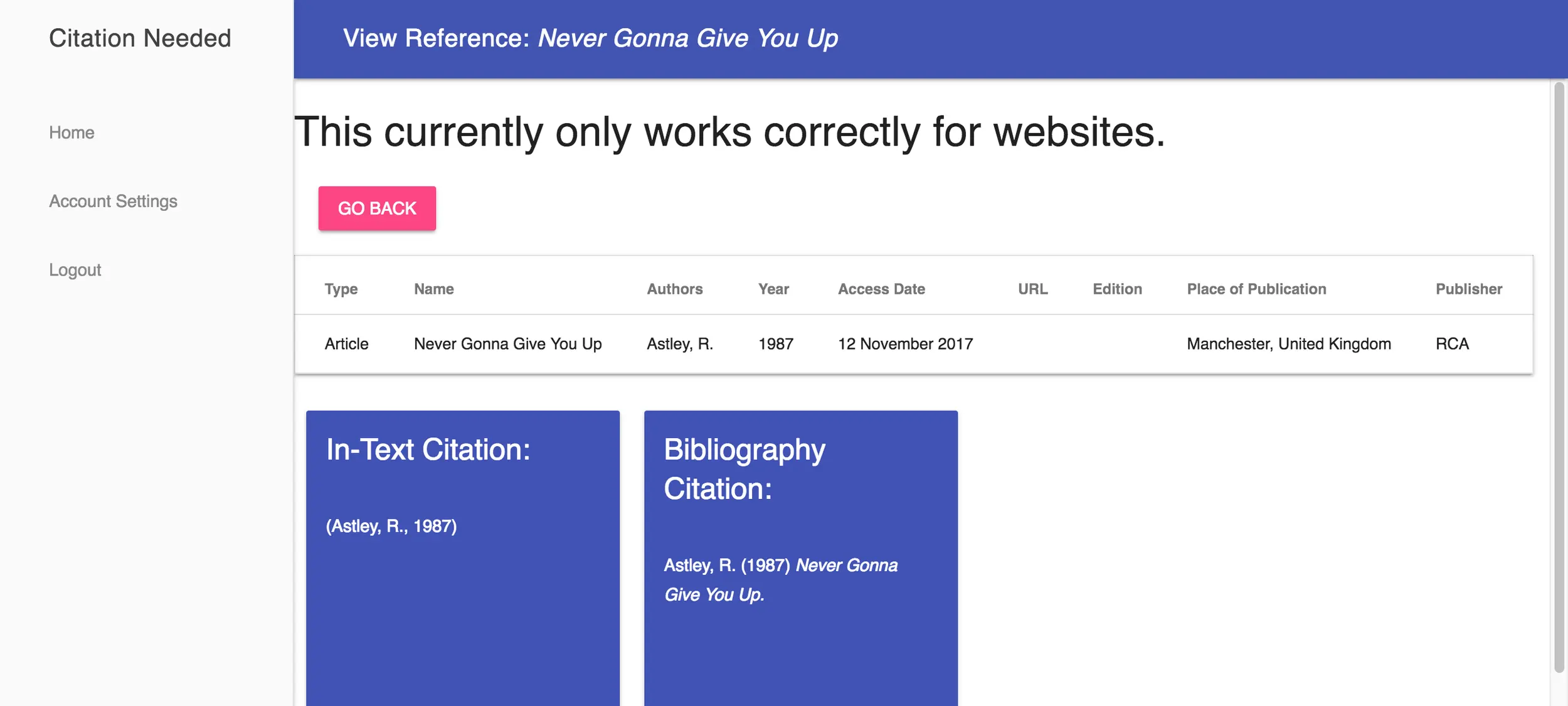 Screenshot of a reference detail page showing citation fields and export options.