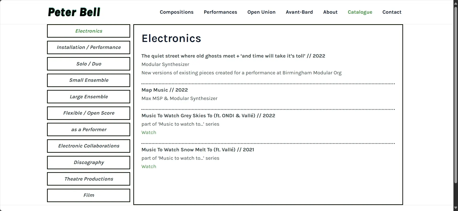 Screenshot of Peter Bell’s Catalogue page filtered by 'Electronics' showing a list of modular synthesizer works with categories like “Map Music” and “Music To Watch Grey Skies To” alongside a navigation sidebar of other composition types.