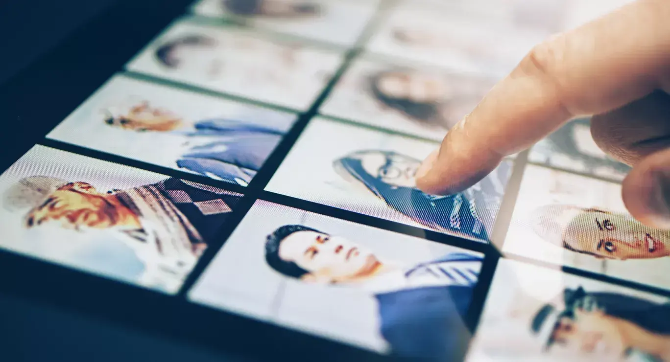 A finger tapping a digital touchscreen grid displaying various blurred profile photos, symbolising the origin of digital identity or interaction.