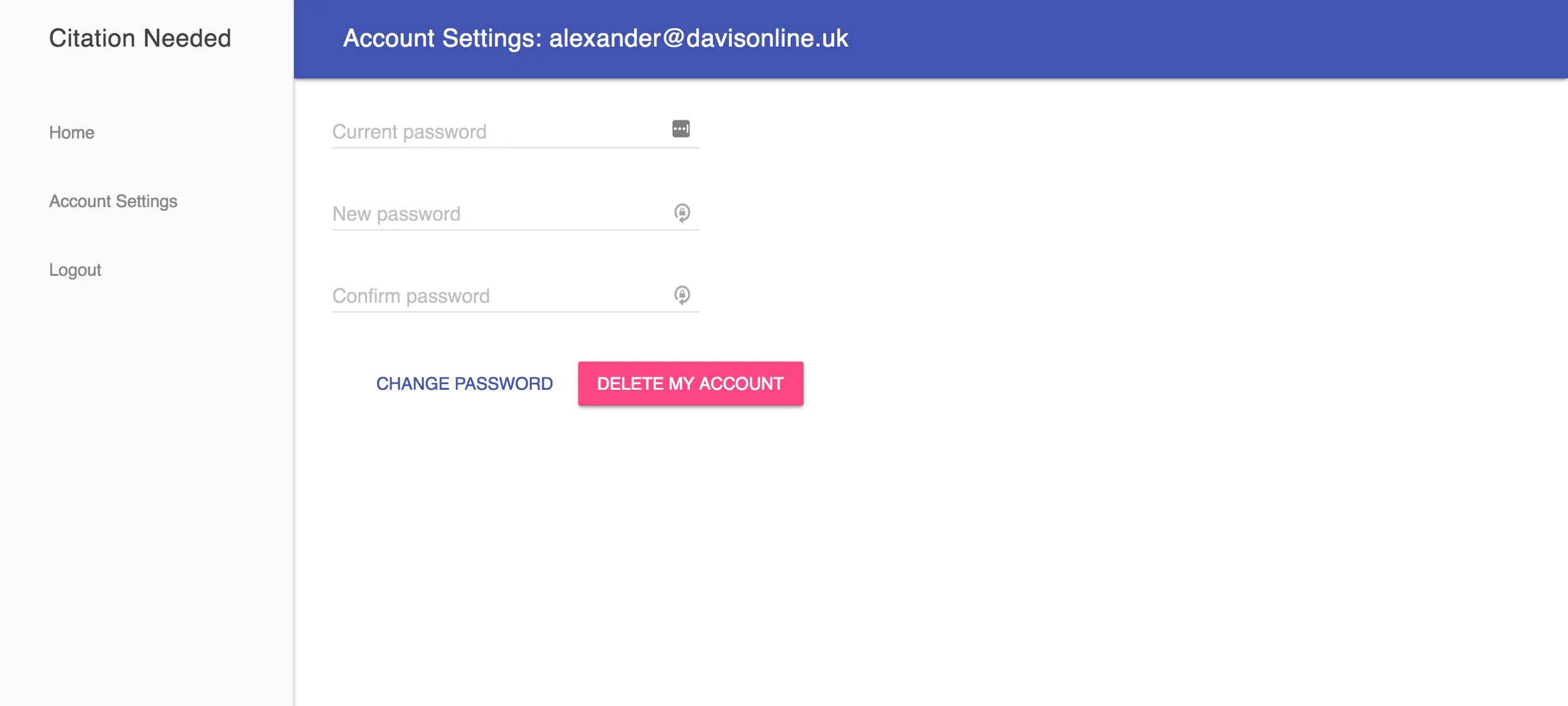 Screenshot of account settings page showing user profile information and option to delete account.