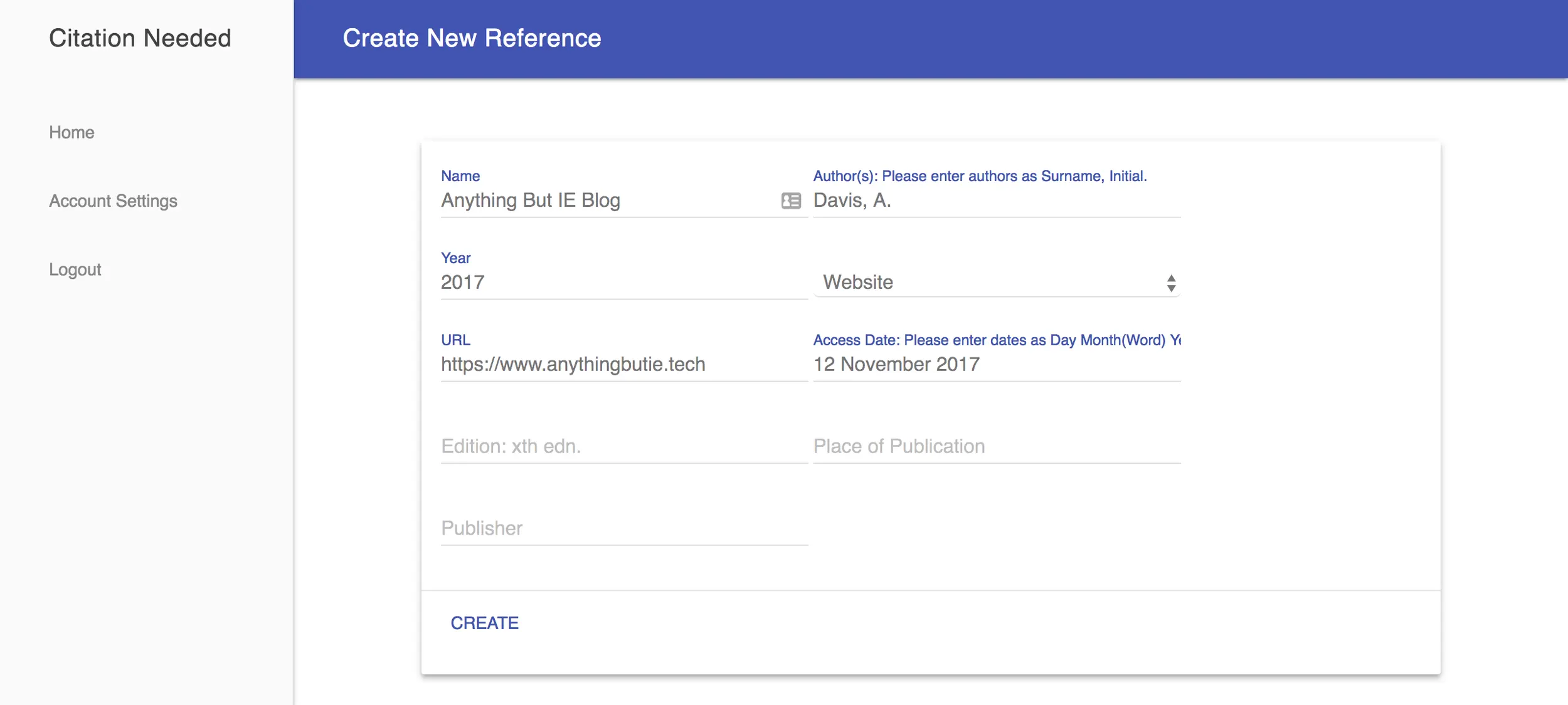Screenshot of form to create a new reference, including fields for title, author, and type.