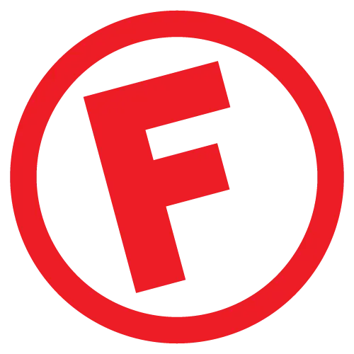 Large red capital letter "F" inside a red circle on a transparent background.
