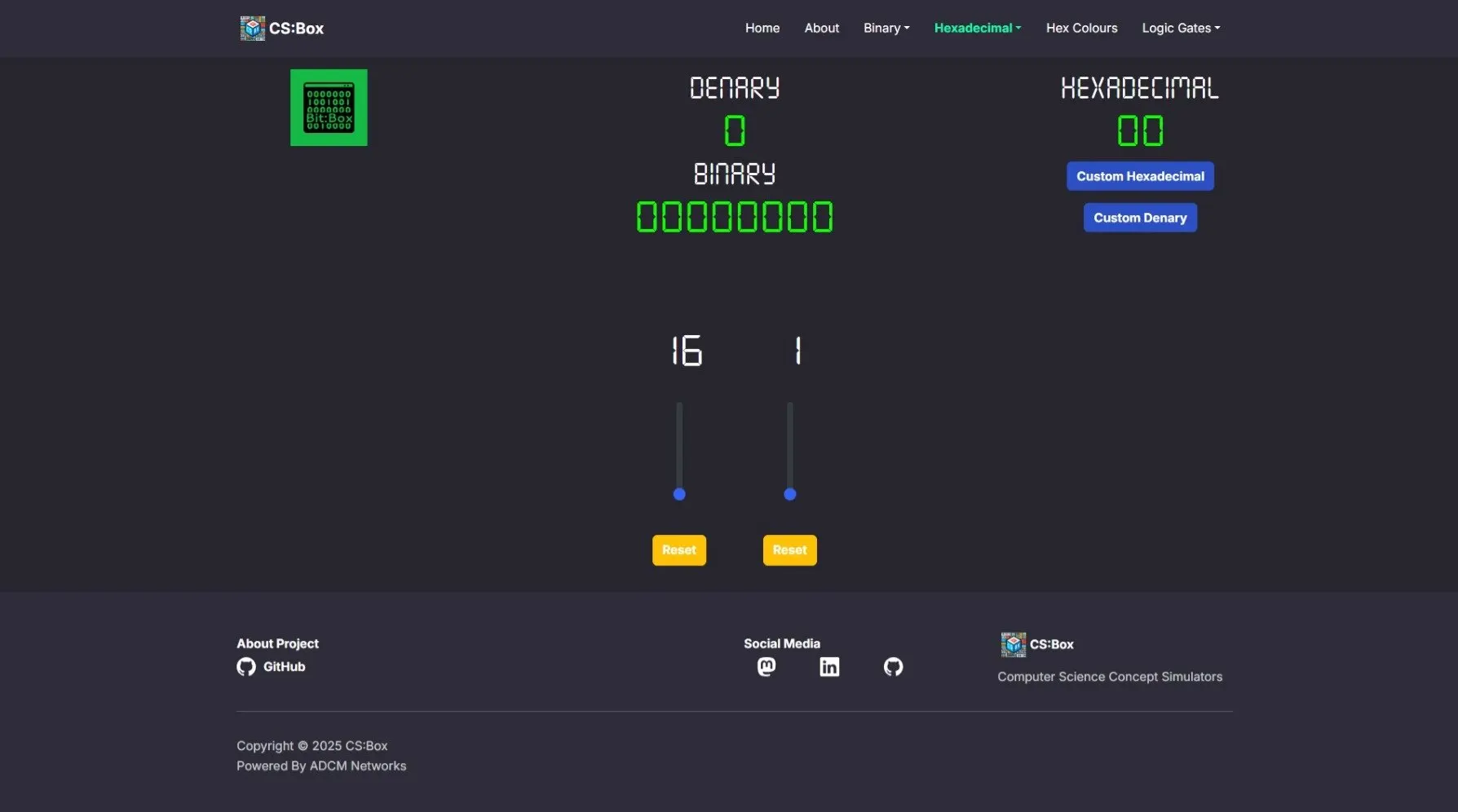 Screenshot of CS:Box hexadecimal tool designed for GCSE-level hexadecimal practice.