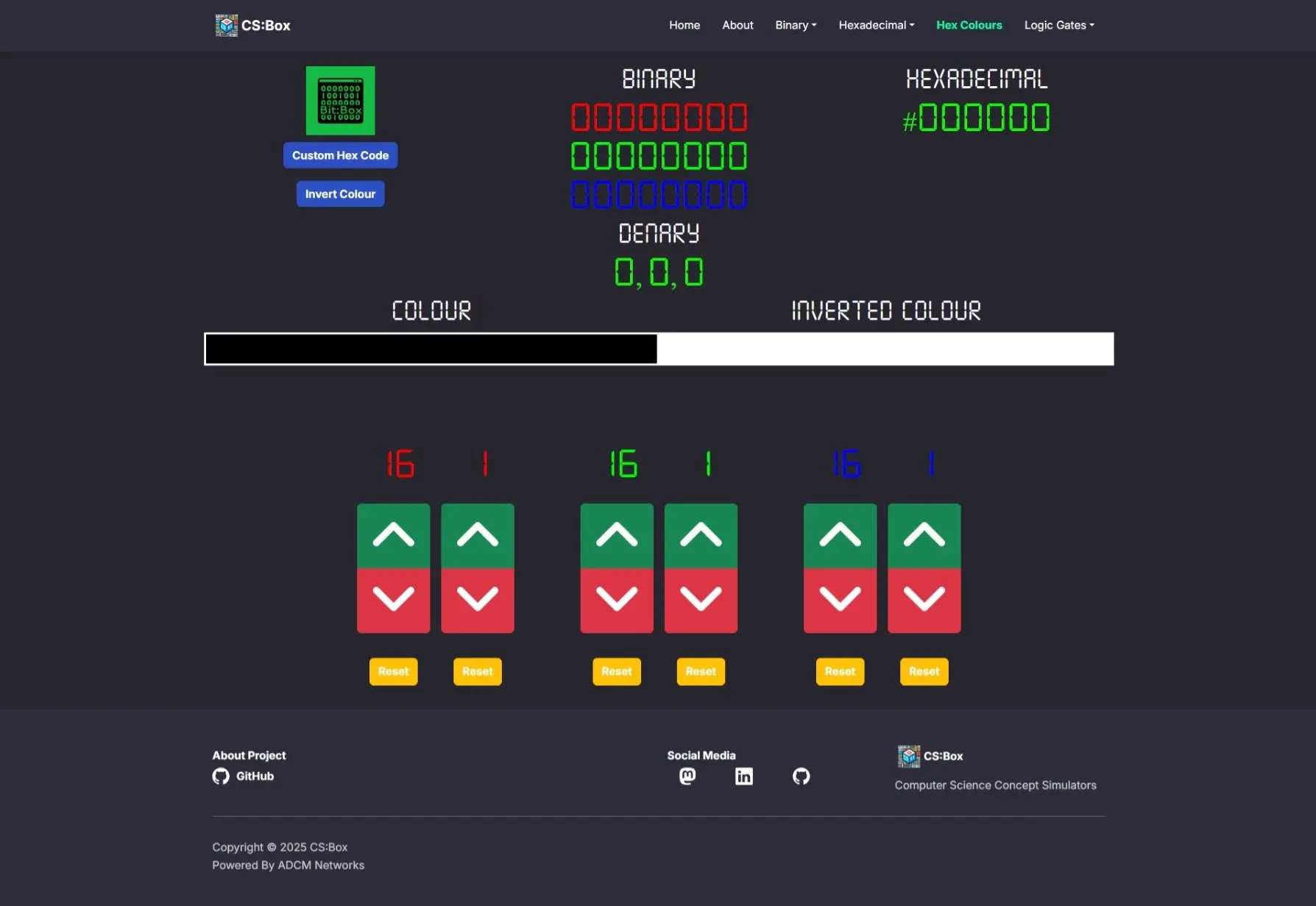 CS:Box interface showing hexadecimal colour codes and visual colour output.