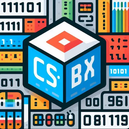 A stylised cube logo with the letters "CS" on the left face and "BX" on the right face. The cube is surrounded by vibrant icons and patterns referencing computer science, including binary digits (e.g. 111101, 10101), hexadecimal numbers, colour pencils, and graphical representations of data.