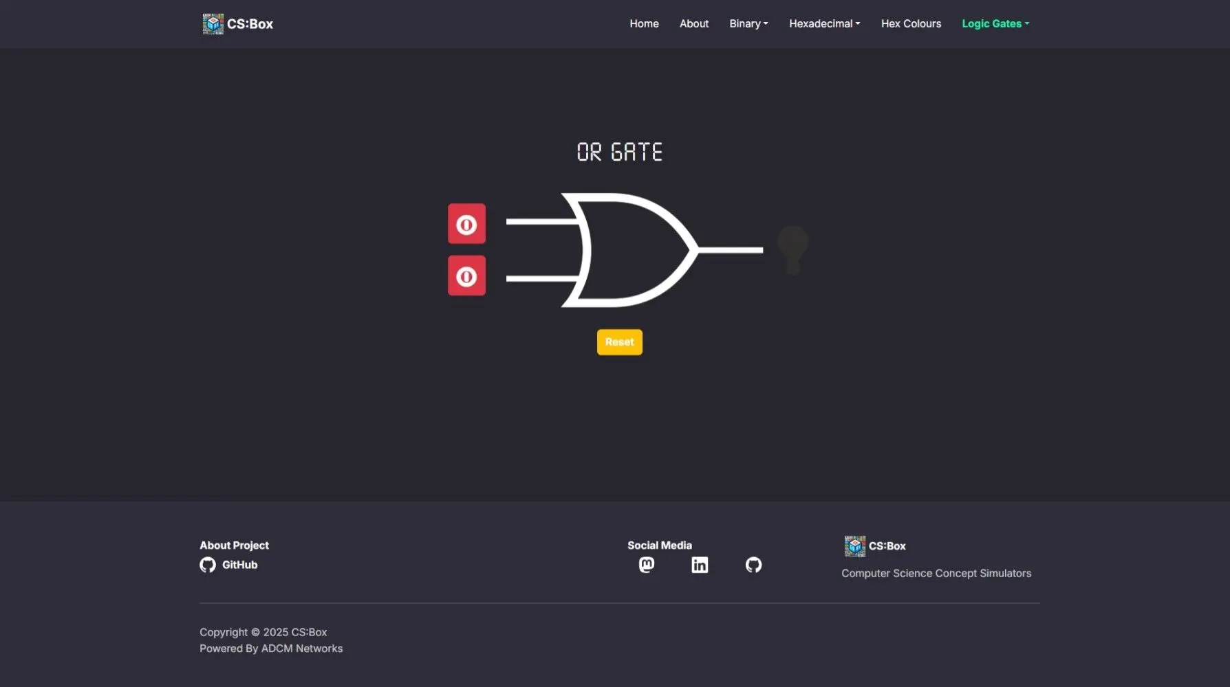 CS:Box simulator showing an OR gate with dual inputs and visual output.