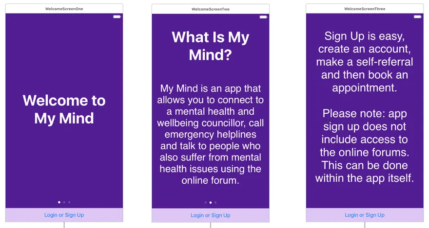 Series of three welcome screens for the "My Mind" app introducing its purpose, features, and signup process with white text on purple backgrounds and navigation dots.
