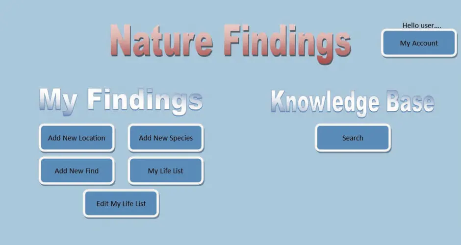 Interface of the Nature Findings app showing options to add new findings, edit a life list, and access a knowledge base search, with a pale blue background and stylised headings.