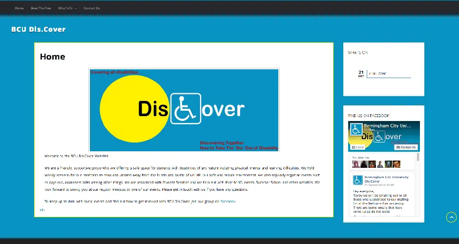 Screenshot of the BCU Dis.Cover homepage showing a blue layout with event widgets and a large yellow and blue accessibility logo.