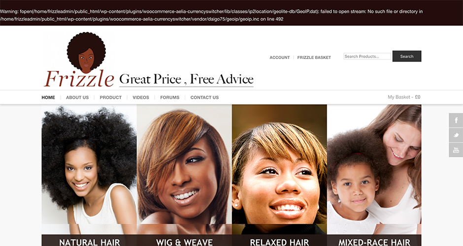 Banner section of the Frizzle homepage showing four diverse women representing different hair types and product categories: Natural Hair, Wig & Weave, Relaxed Hair, and Mixed-Race Hair.