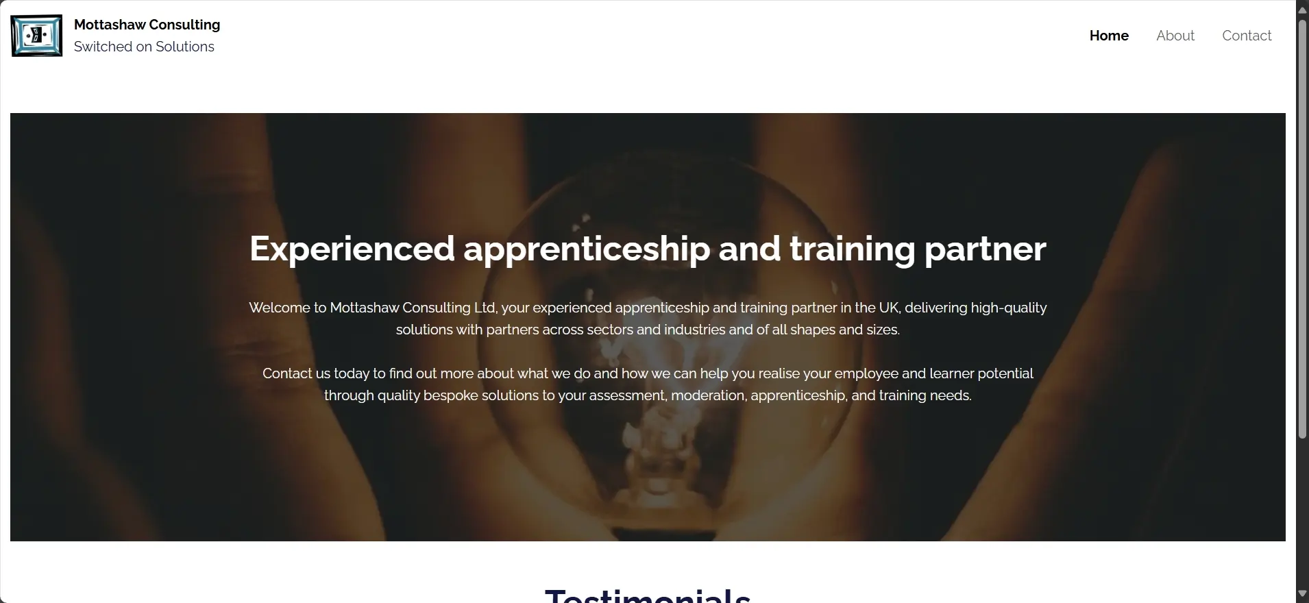 Website preview of Mottashaw Consulting homepage with navigation links and hero section showing lightbulb background and company introduction.