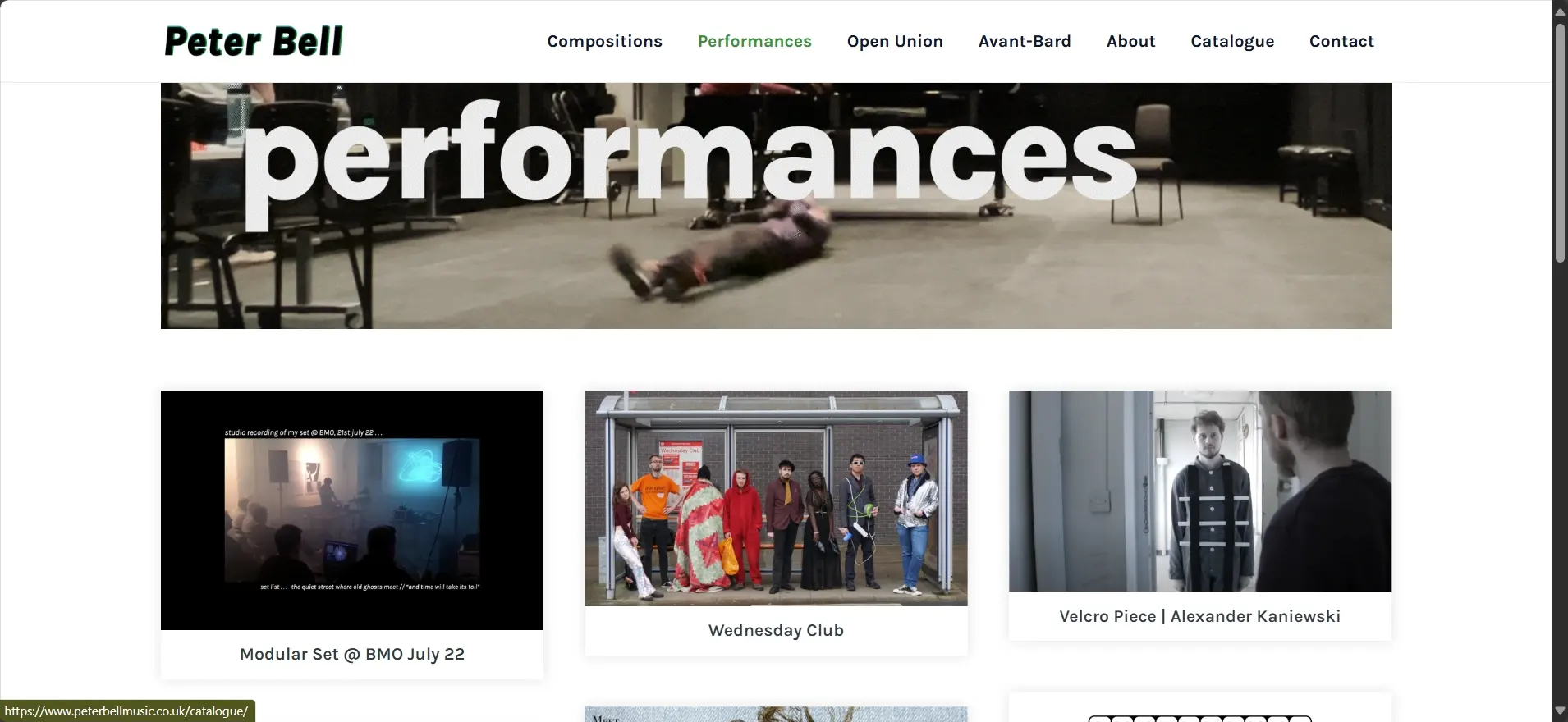 Screenshot of Peter Bell’s Performances page featuring a background performance image and a grid with project thumbnails including "Modular Set @ BMO July 22", "Wednesday Club", and "Velcro Piece | Alexander Kaniewski".