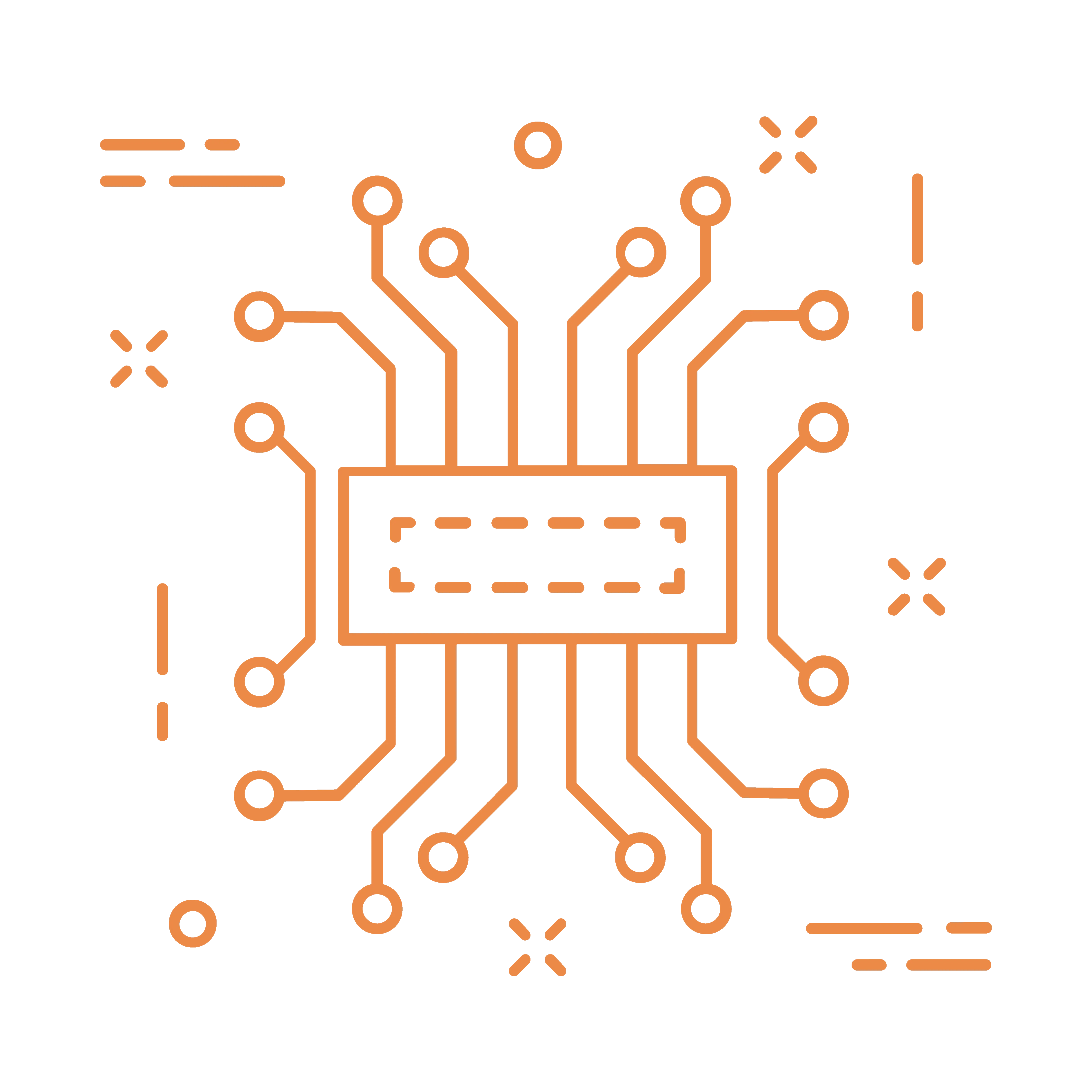 Stylised orange microchip icon on a black background, designed as a modern tech-themed logo for ADCM