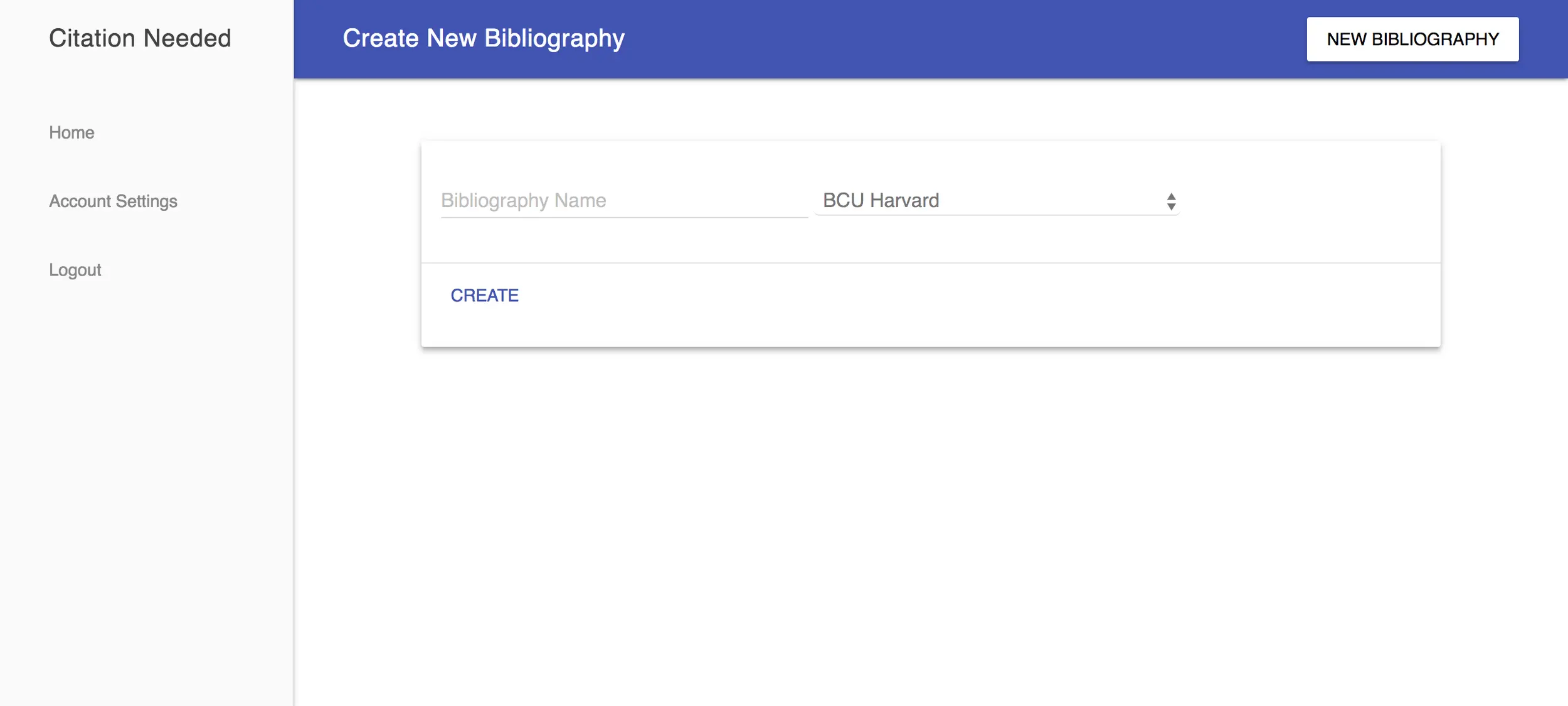 Screenshot of interface for creating a new bibliography, with input fields and save button.