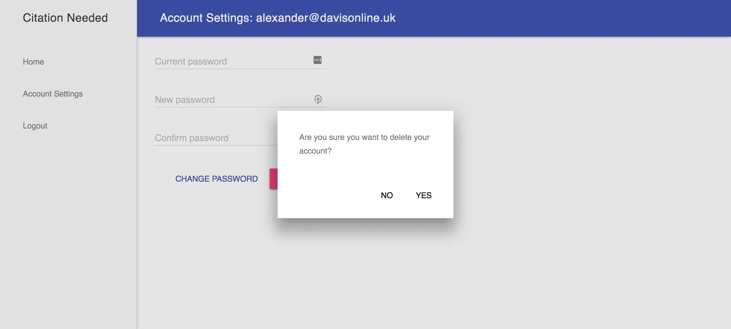 Screenshot of confirmation dialog asking user to confirm account deletion.