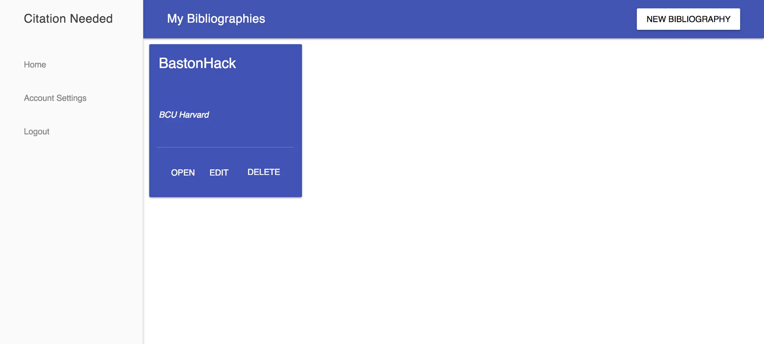Screenshot of user’s bibliography list page showing created bibliographies and action buttons.