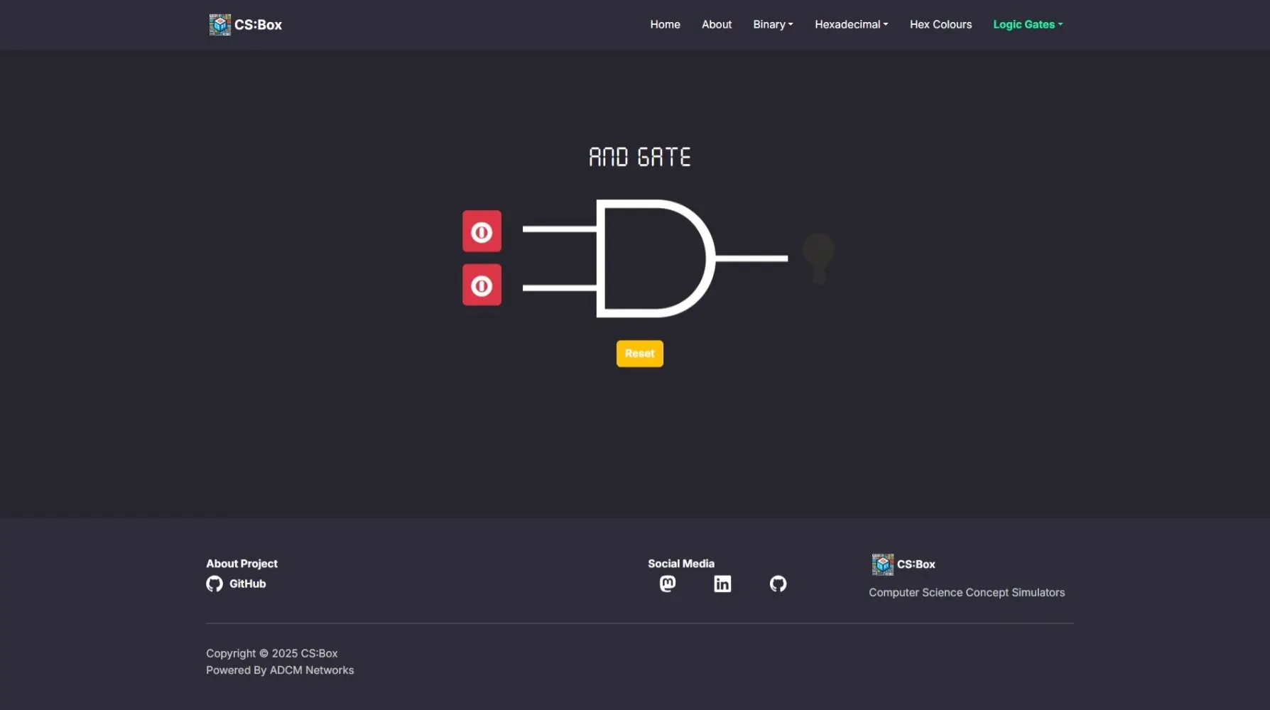 CS:Box logic simulator displaying an AND gate with input and output states.
