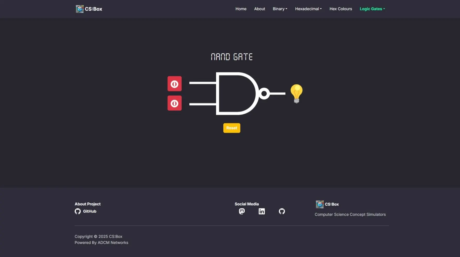 CS:Box logic simulator view showing a NAND gate in use with logic inputs.