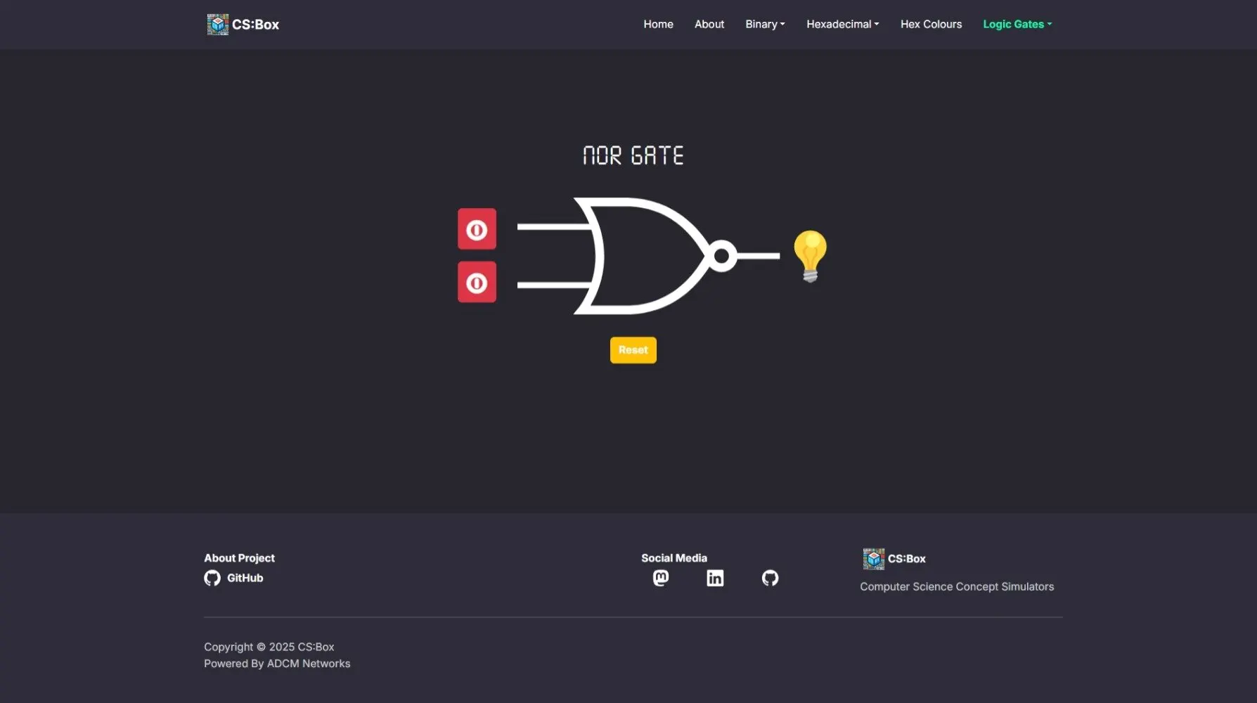CS:Box logic simulator displaying a NOR gate with its corresponding logic table.