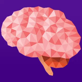 Polygonal-style graphic of a human brain in shades of pink and red on a purple background.