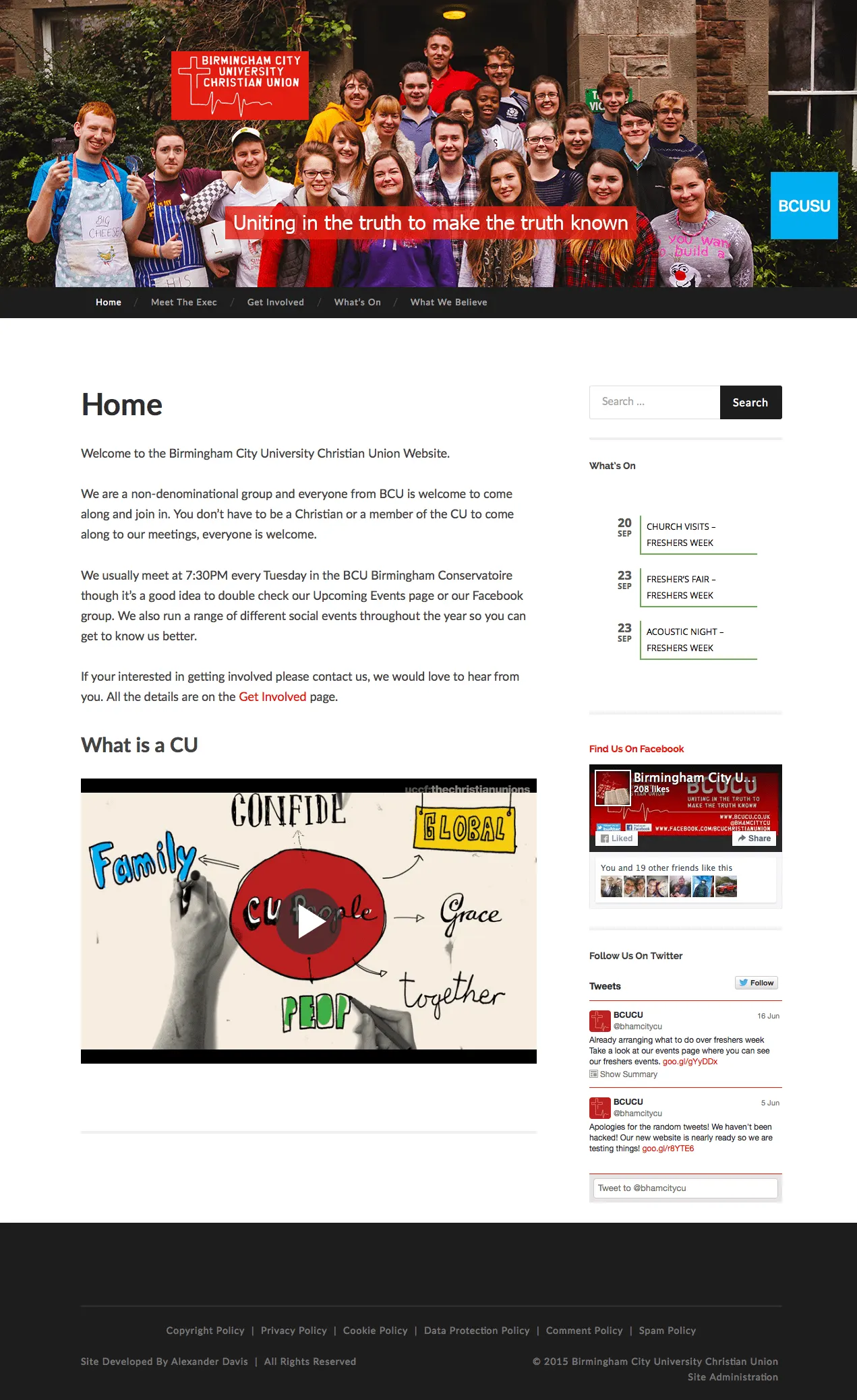Full-page screenshot of the BCU Christian Union homepage with welcome text, Facebook feed, video embed, and group photo.