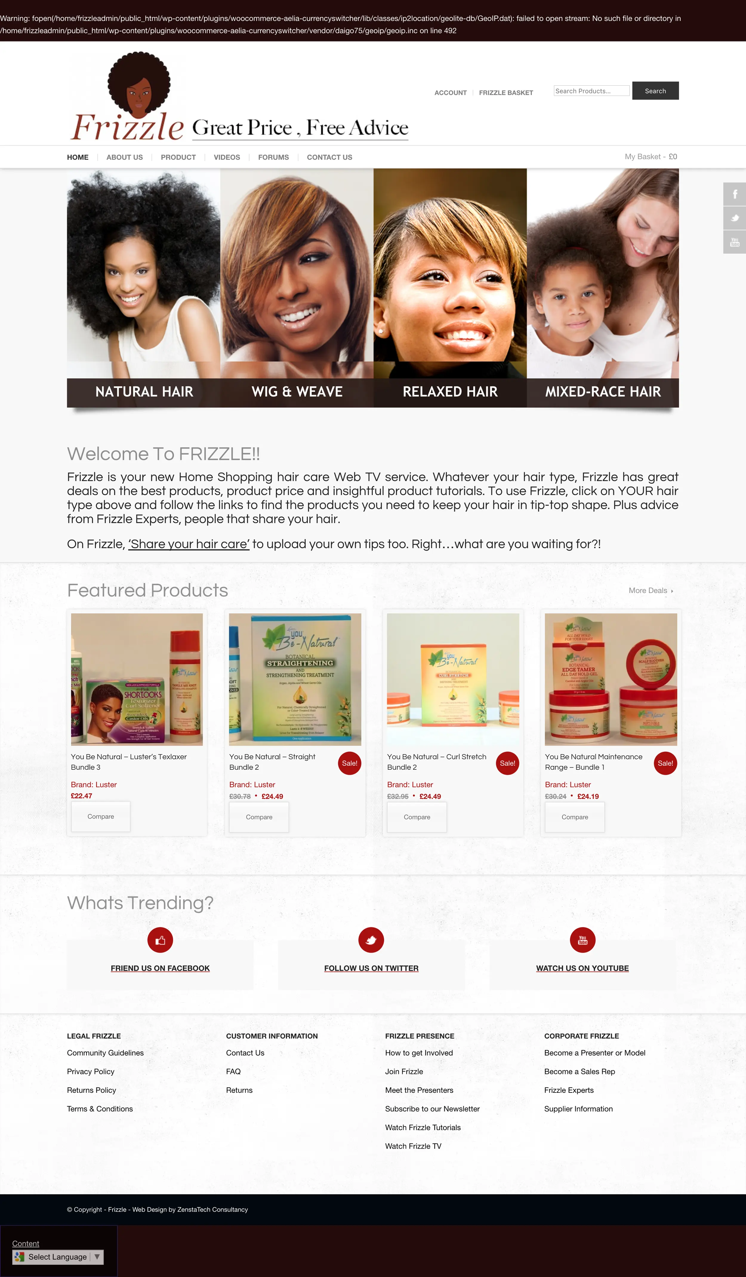 Screenshot of Frizzle haircare e-commerce homepage featuring categories like Natural Hair, Wig & Weave, Relaxed Hair, and Mixed-Race Hair, with product bundles shown below.
