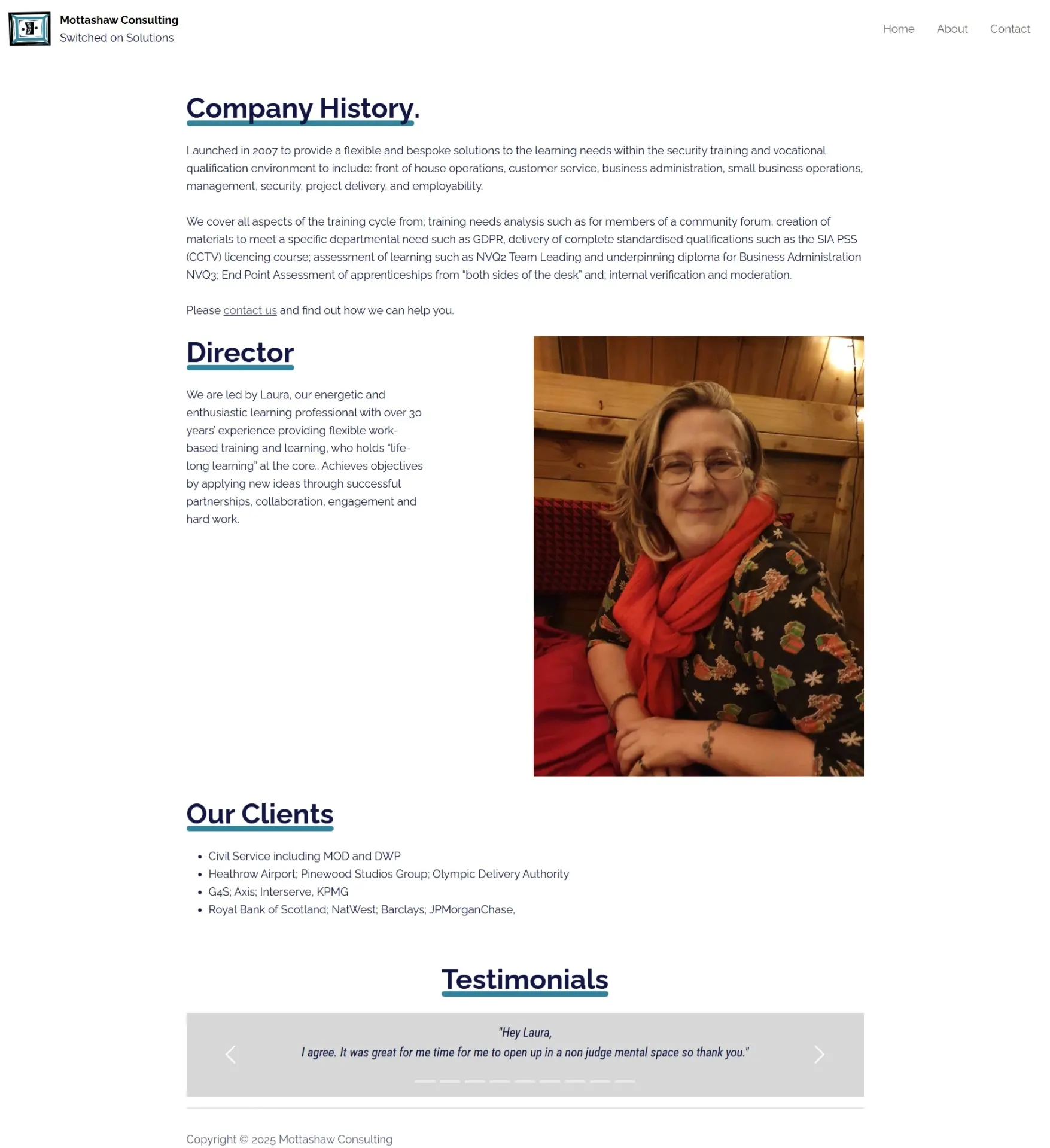About page of Mottashaw Consulting showing company history and a photo of Laura, the director, wearing glasses and a red scarf, smiling in a wooden interior setting.