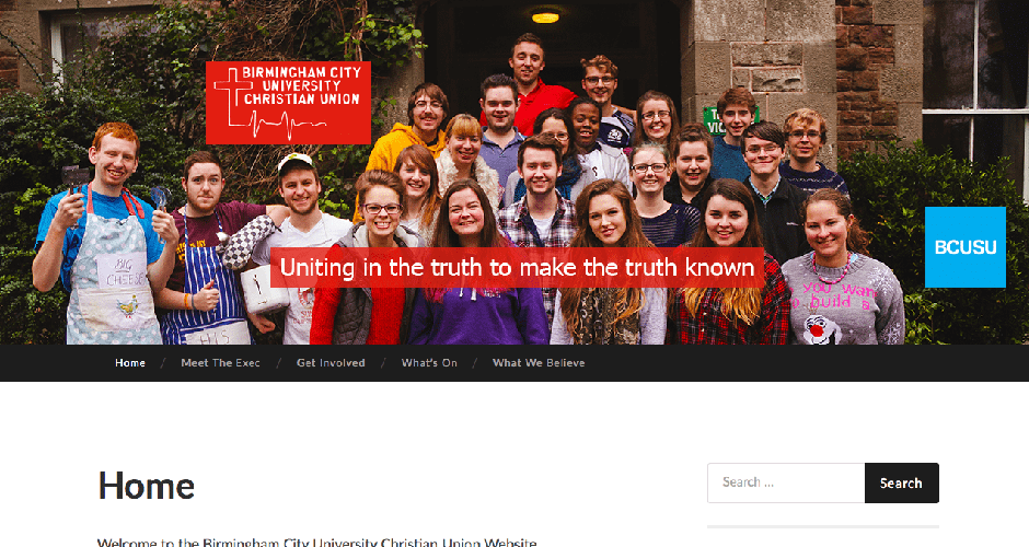 Screenshot of the BCU Christian Union website homepage showing a group photo of students and the CU banner.