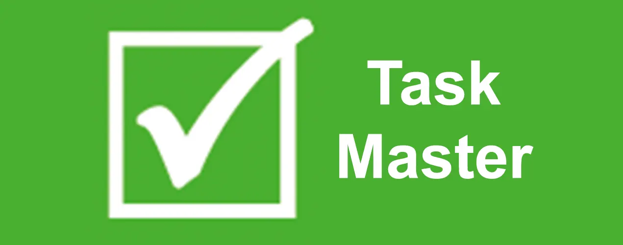 High-resolution banner-style logo for the Task Master project. A green background features a large white tick inside a checkbox on the left, and “Task Master” in white text on the right.