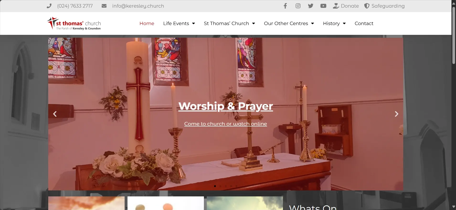 Homepage of St Thomas’ Church in Keresley, showing a banner image of a lit altar with candles and stained glass, and the title 'Worship & Prayer'.